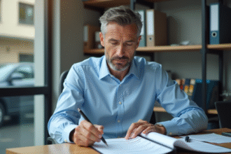 Agent d'assurance au bureau examinant des papiers