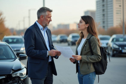 Agent d'assurance discutant avec une cliente devant une voiture endommagee