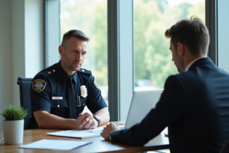 Agent de police en uniforme en discussion avec un assureur au bureau