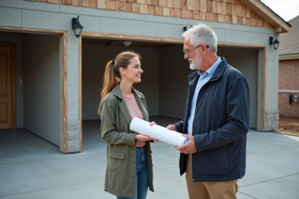 Architecte et propriétaire devant un garage en construction