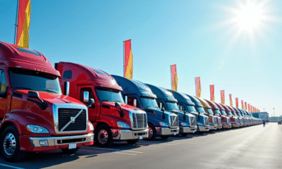 Flotte de camions d'occasion sur un lot avec drapeaux colorés