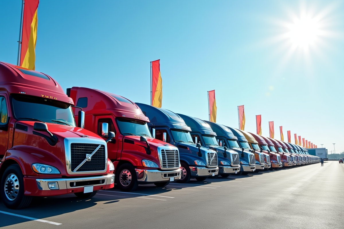 Flotte de camions d'occasion sur un lot avec drapeaux colorés