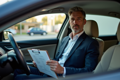 Conducteur VTC homme en voiture de luxe en tenue d'affaires