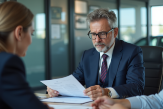 Homme concessionnaire en costume navy examine documents