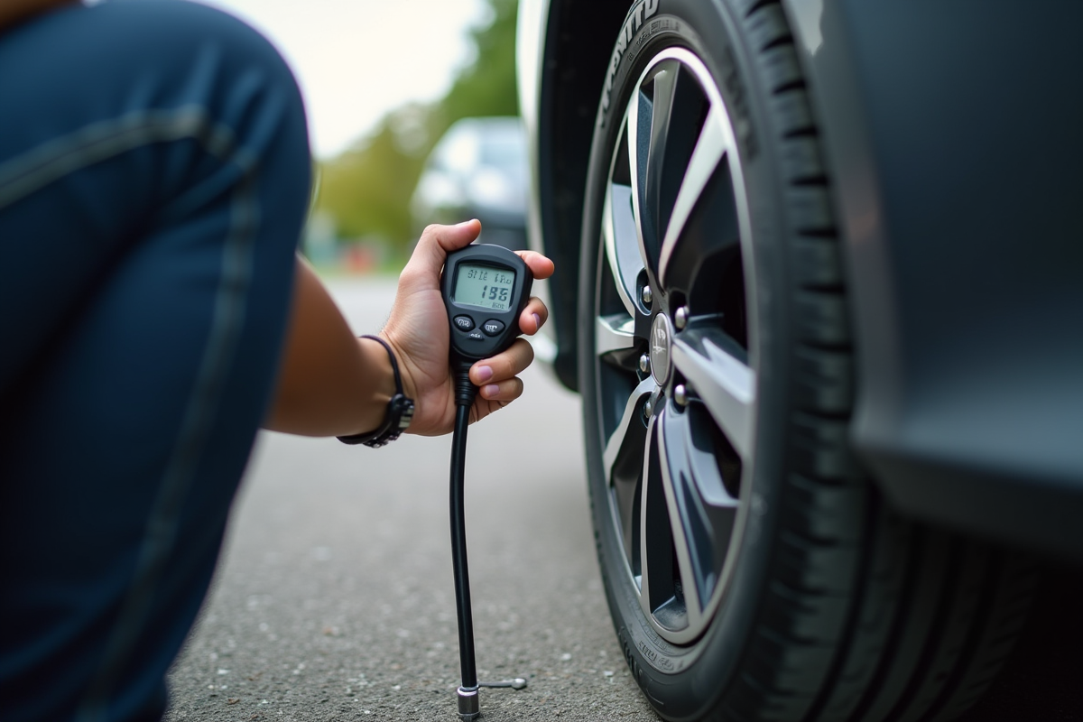 Mesure de pression d un pneu avec manomètre numérique en extérieur