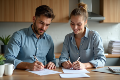 Deux adultes remplissant des papiers dans une cuisine lumineuse