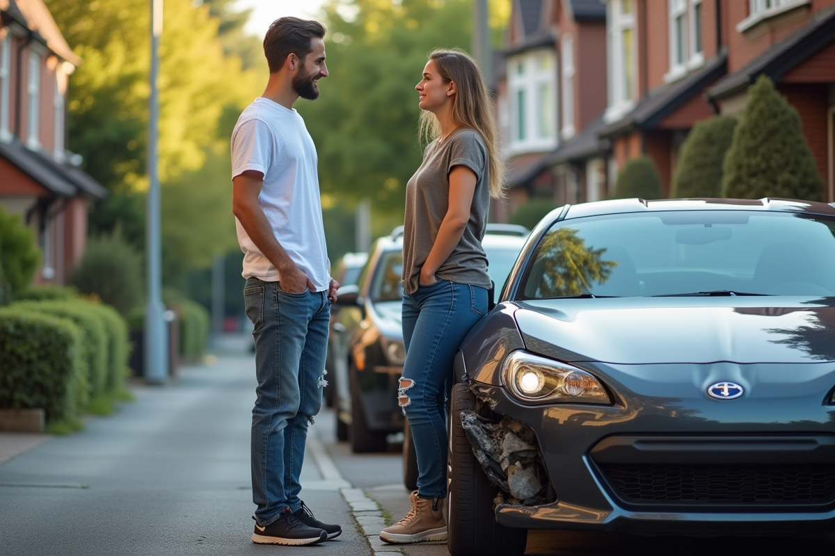 Jeune couple vérifiant pare-chocs endommagé voiture