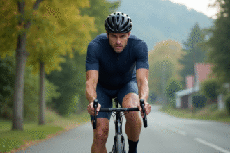 Homme moyenâgeux freinant son vélo en ville avec concentration
