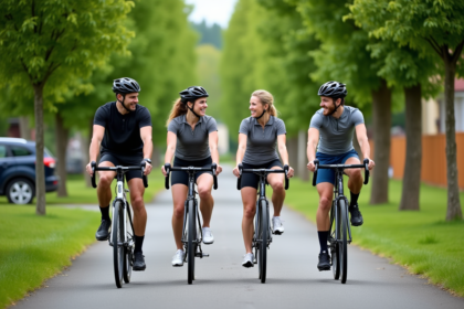 Quatre adultes en vélo sur une piste verte en banlieue