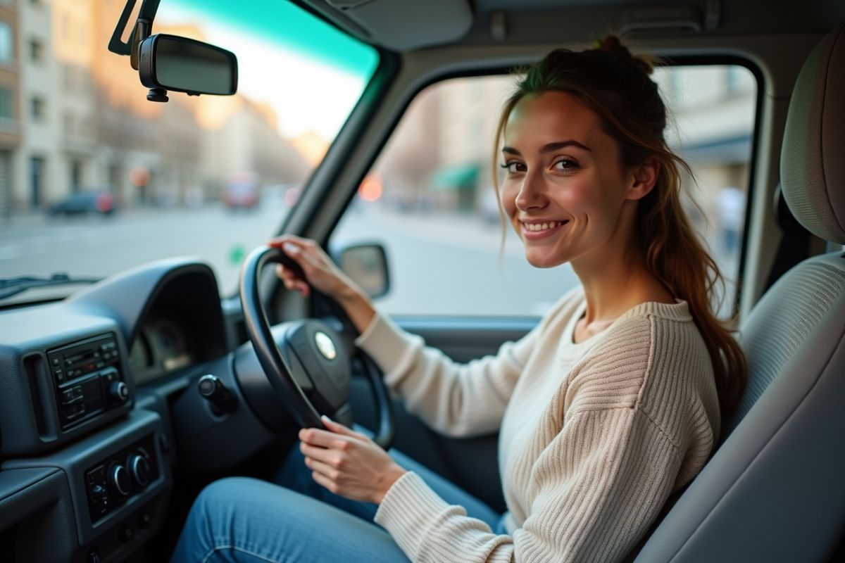 Jeune femme conduisant une minifourgonnette en ville