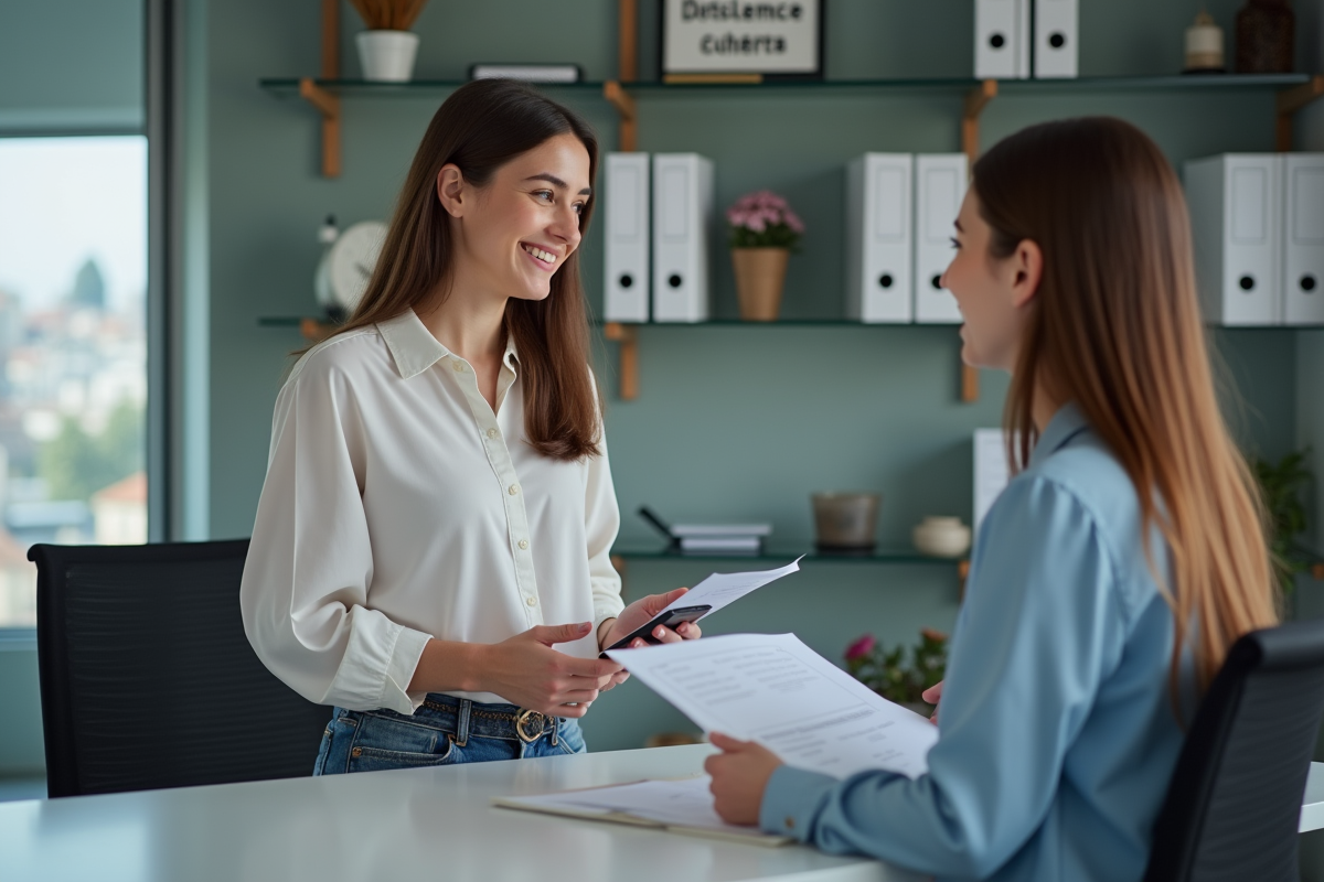 Femme française discutant avec agent d