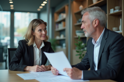 Femme d'âge moyen discutant avec conseiller assurance