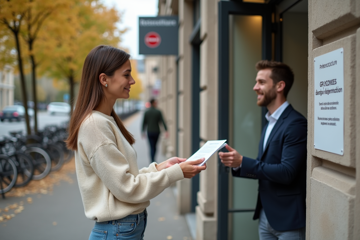 Jeune femme remettant un document à la préfecture