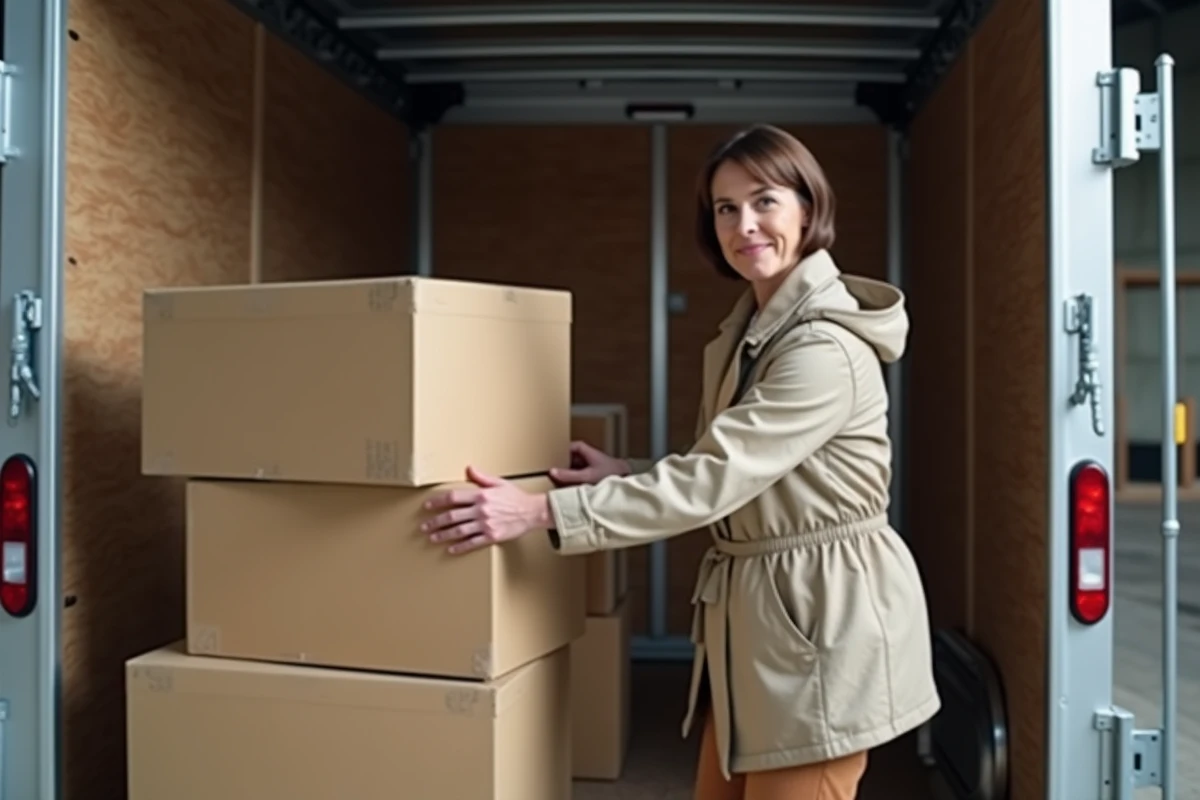 Femme française chargeant des cartons dans une remorque