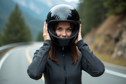 Jeune femme ajustant son casque moto en montagne