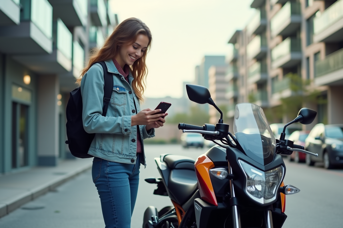 Femme en moto urbaine utilisant son smartphone
