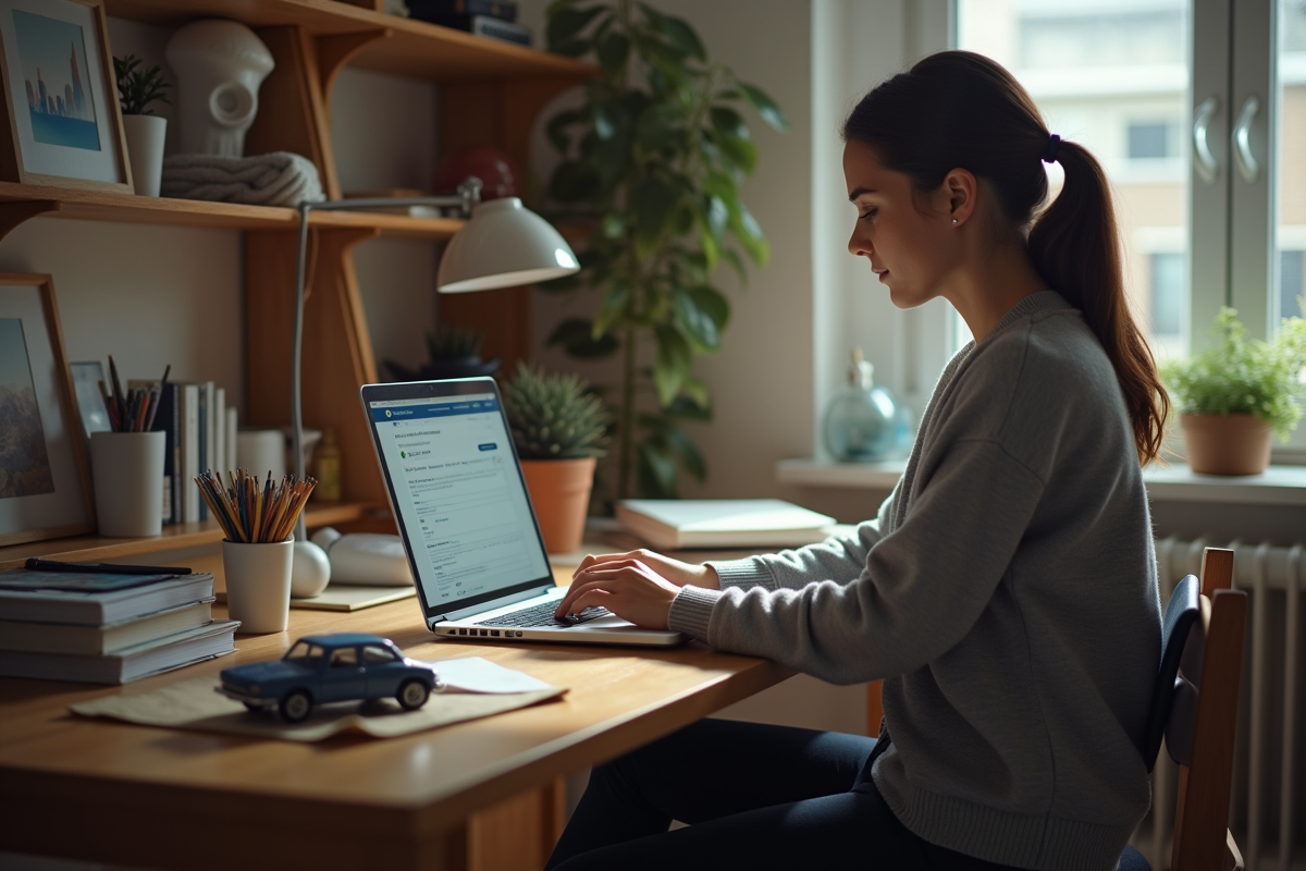 Jeune femme travaillant sur une assurance auto à domicile