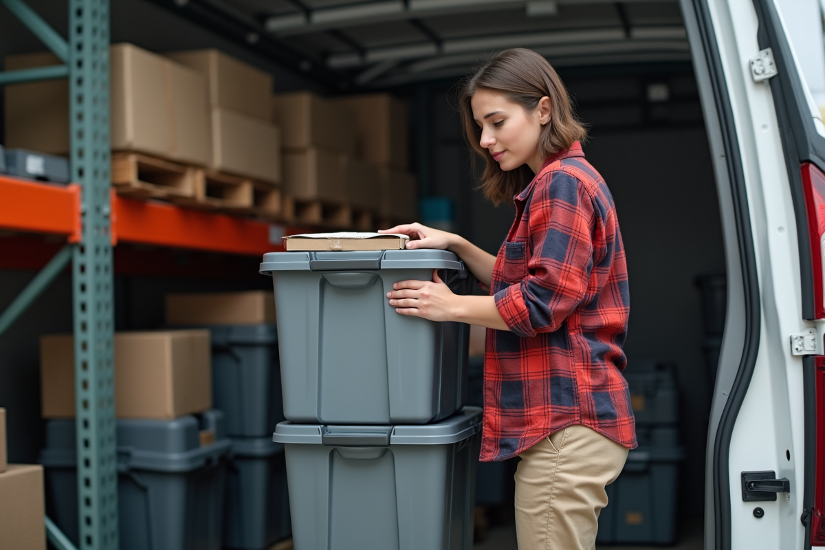 Femme organisant des boîtes dans un van de transport