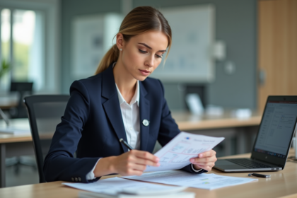 Femme en bureau français traitant des papiers administratifs