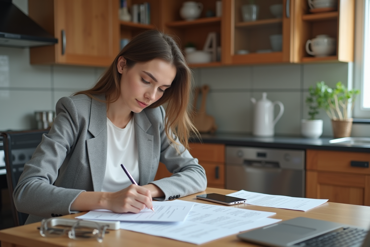 Jeune femme remplissant des papiers de voiture à la maison