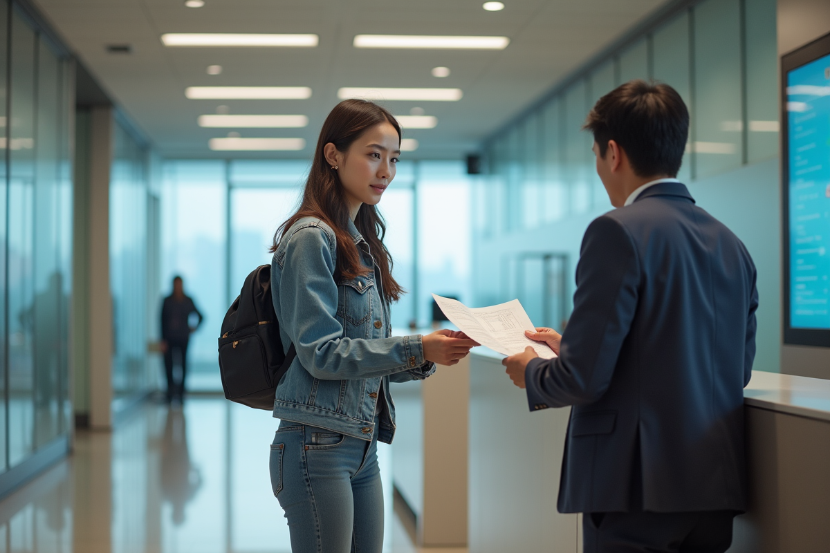 Jeune femme remettant des documents à un agent dans un bureau moderne