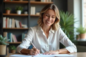 Femme souriante remplissant une demande de permis de conduire