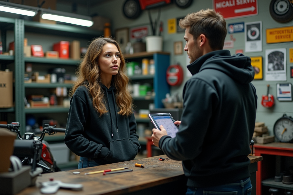 Jeune femme parle avec mécanicien dans atelier moto