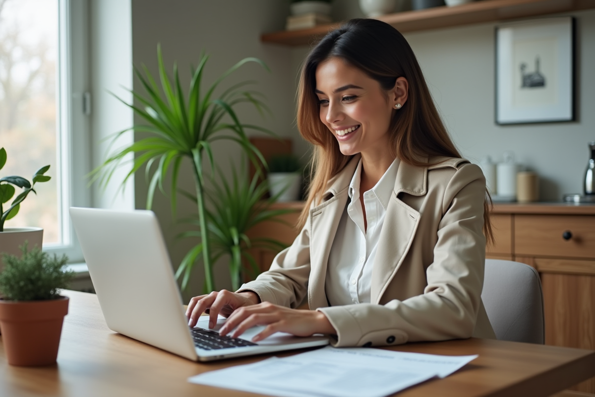Femme concentrée utilisant un ordinateur pour documents auto