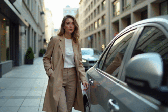 Femme élégante sortant d'une voiture moderne en ville