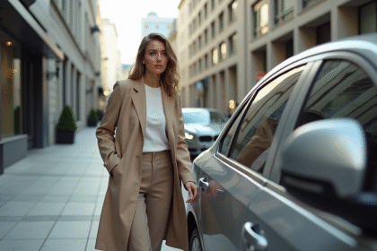 Femme élégante sortant d'une voiture moderne en ville