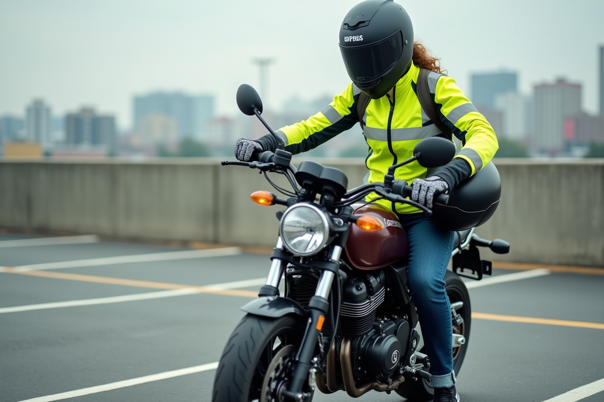 Femme vérifiant ses pneus de moto dans un parking urbain