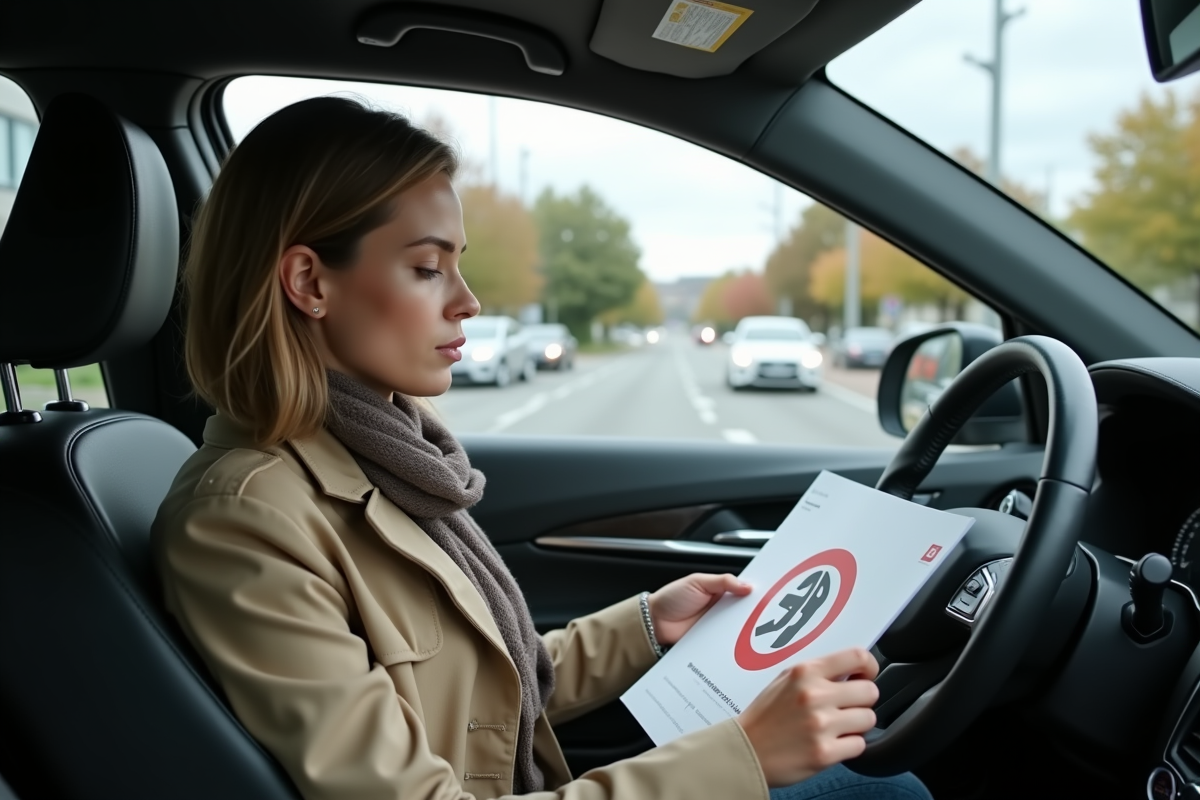 Jeune femme dans sa voiture regardant une note diesel