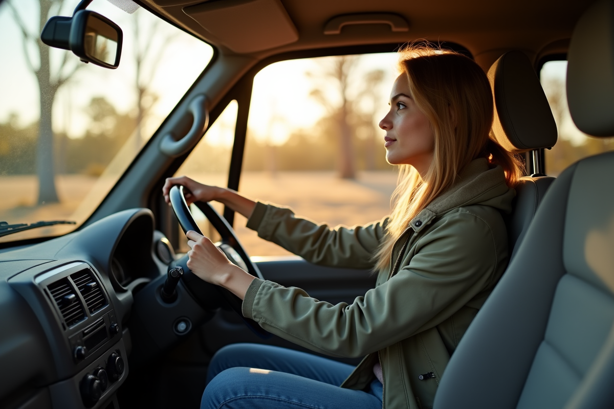 Jeune femme ajustant le miroir dans le van