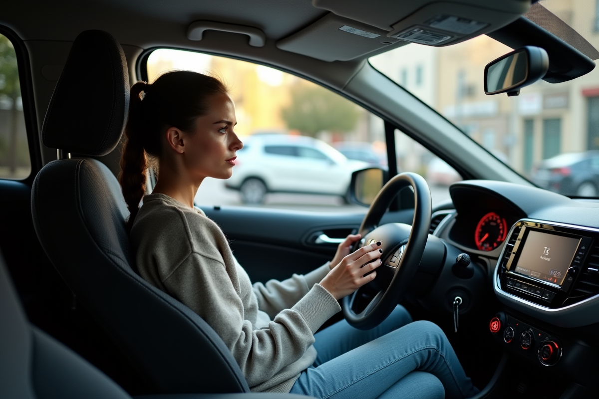 Jeune femme regardant le tableau de bord d