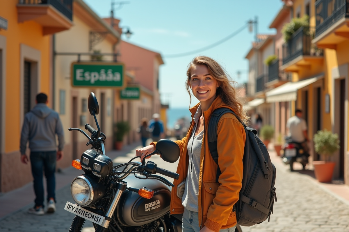 Jeune femme souriante avec carte et moto en village espagnol