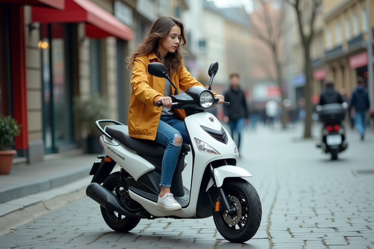 Fille en windbreaker sur une moto 50cc en ville