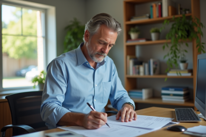 Homme d'âge moyen remplissant un formulaire de vente de véhicule dans un bureau lumineux
