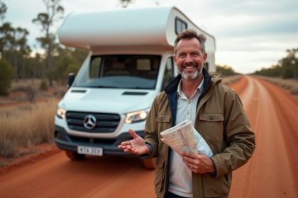 Homme souriant devant un van blanc en Australie