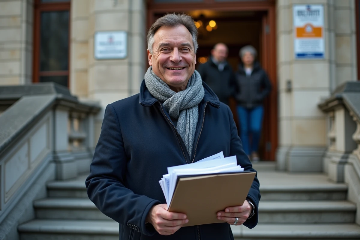 Homme confiant devant un bâtiment administratif urbain