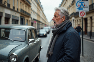 Homme inquiet devant sa voiture diesel à Paris