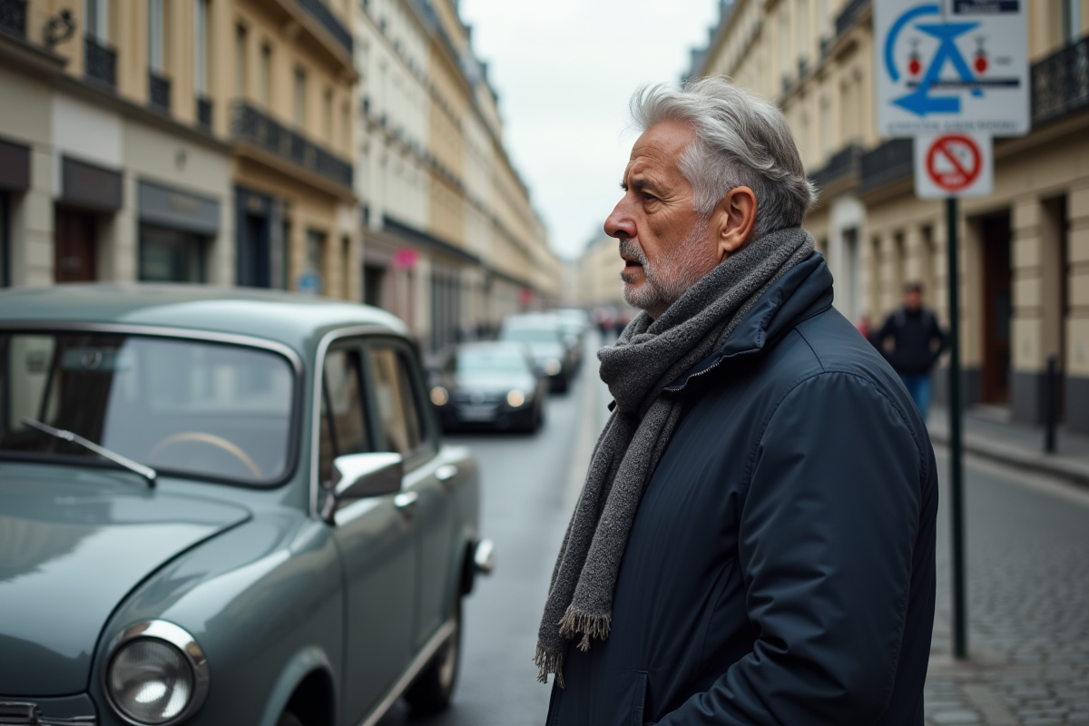 Homme inquiet devant sa voiture diesel à Paris