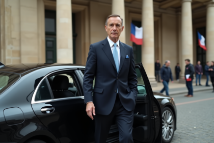 Homme d'affaires français sortant d'une voiture officielle devant un bâtiment parisien