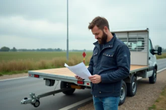Homme français à barbe examine un trailer en extérieur