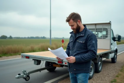 Homme français à barbe examine un trailer en extérieur