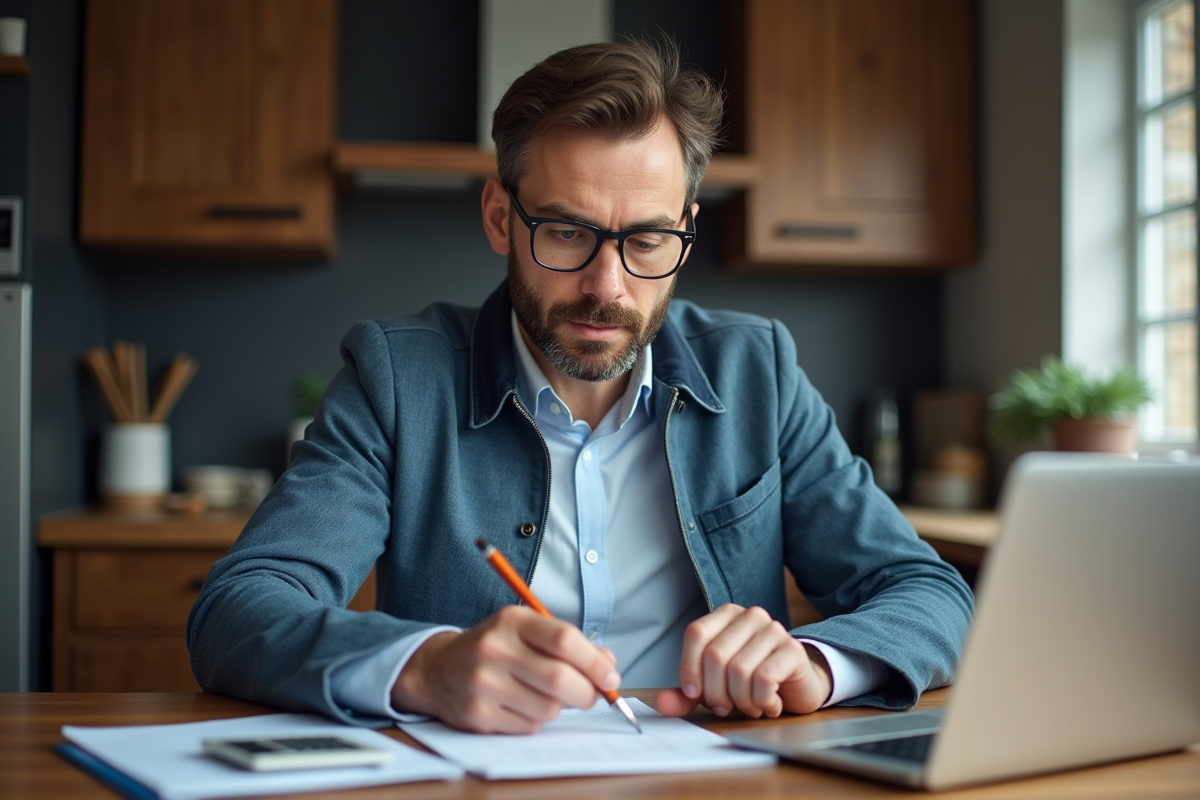 Homme français vérifiant documents d'assurance à la maison