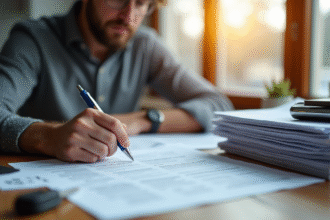 Homme assis à la table de cuisine examinant des papiers de voiture