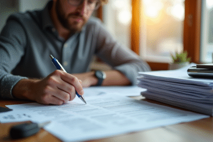 Homme assis à la table de cuisine examinant des papiers de voiture