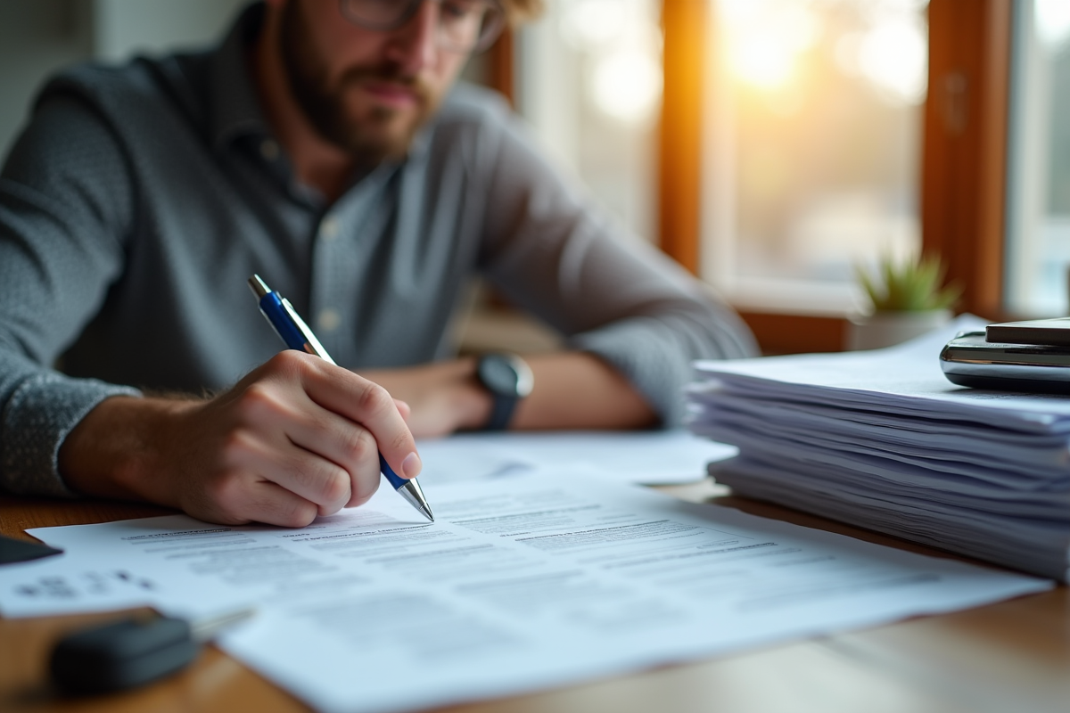 Homme assis à la table de cuisine examinant des papiers de voiture