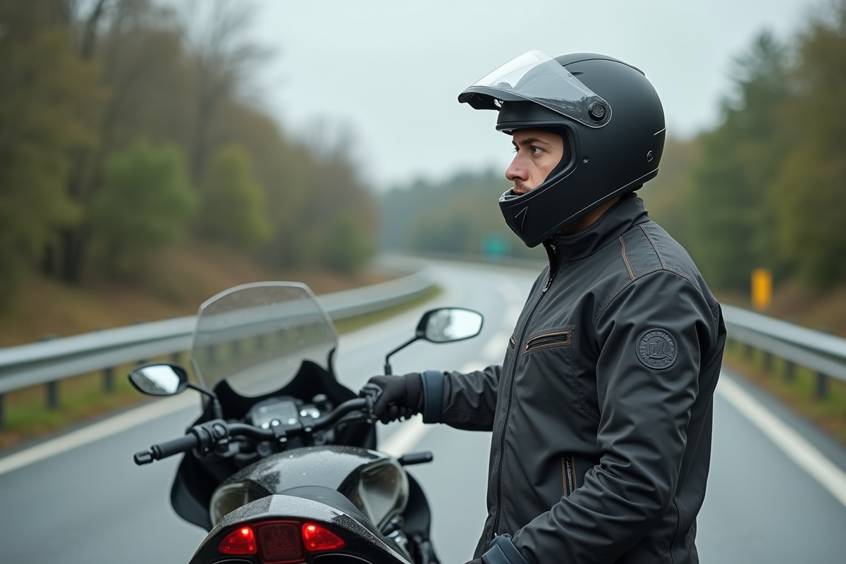 Jeune homme en équipement moto sur route de campagne