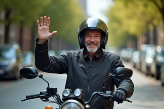 Homme en moto souriant dans une rue urbaine